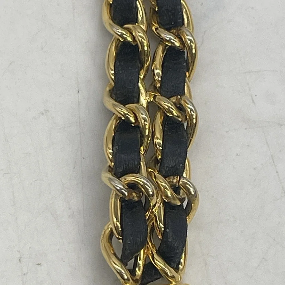 Saint Laurent Womens Watch 18mm Gold Tone Chain Black Leather Untested